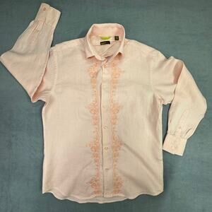 Havana Nines Linen Shirt Mens Pink Corral Button Up Cuba Style Long Sleeve XL‎